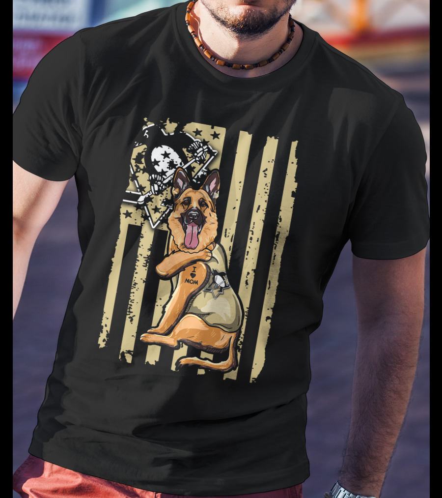 German Shepherd I Love Mom Pittsburgh Penguins Flag T-Shirt