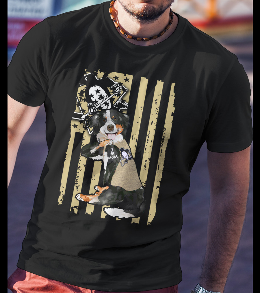 Border Collie I Love Mom Pittsburgh Penguins Background T-Shirt