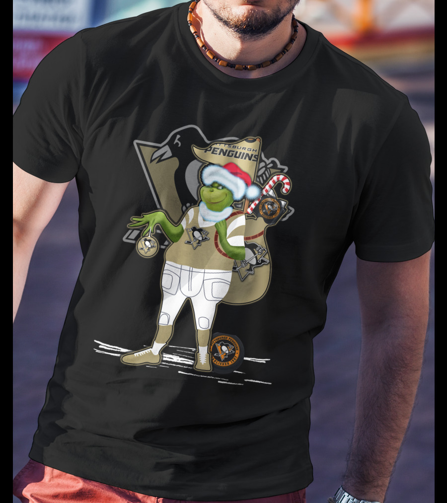 Grinchxmas Pittsburgh Penguins Holiday Mashup With Logo And Santa Hat T-Shirt