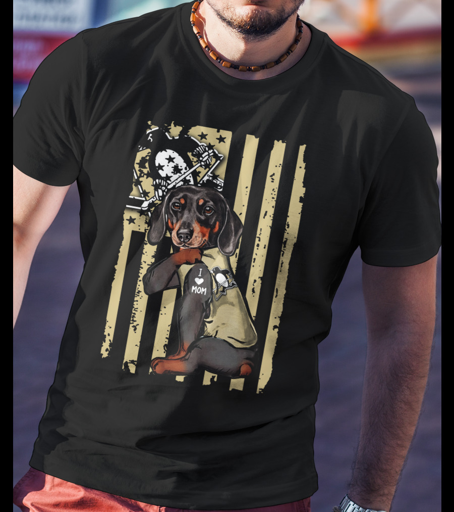 Pittsburgh Penguins Dachshund I Love Mom American Flag T-Shirt