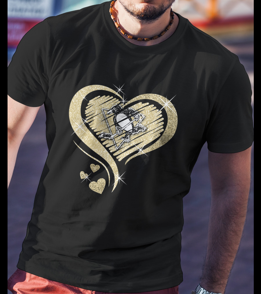 Heart Diamond Pittsburgh Penguins Logo Gold Sparkle T-Shirt