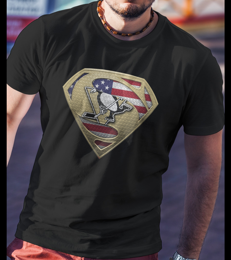 Pittsburgh Penguins American Flag Superman Shield T-Shirt