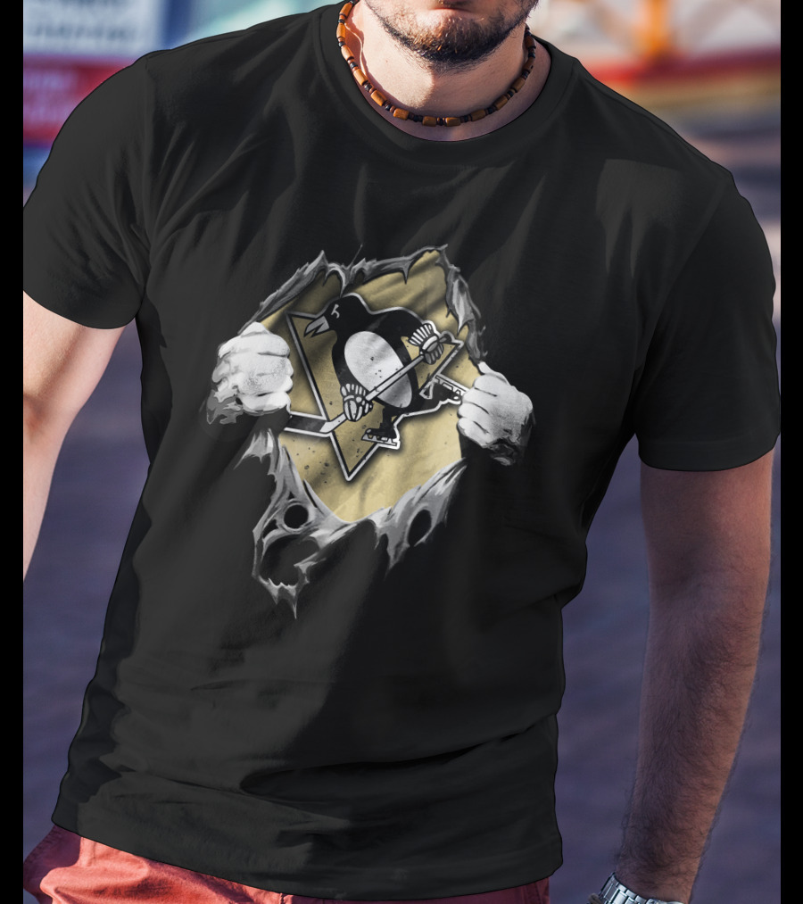 Pittsburgh Penguins Torn Hockey Logo With Ripped Hands T-Shirt