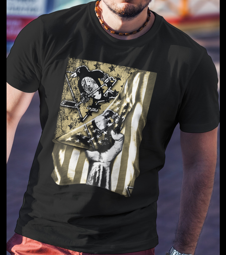 Pittsburgh Penguins Logo With American Flag And Raised Fist T-Shirt