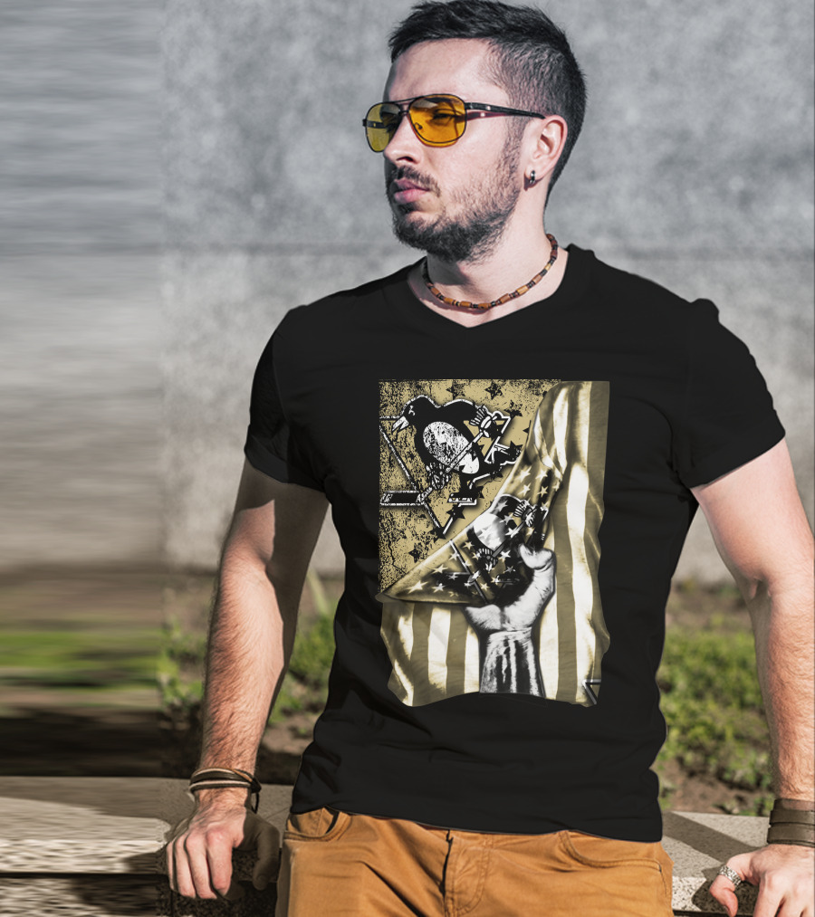Pittsburgh Penguins Logo With American Flag And Raised Fist T-Shirt