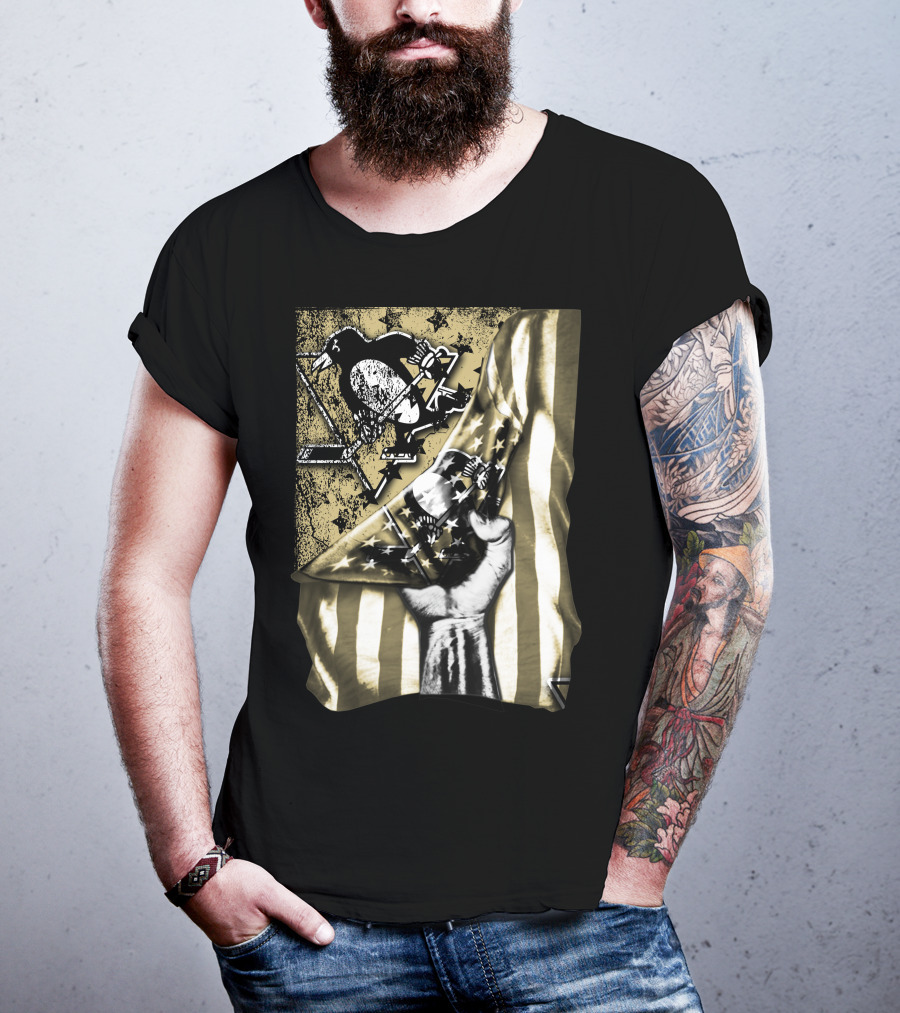 Pittsburgh Penguins Logo With American Flag And Raised Fist T-Shirt
