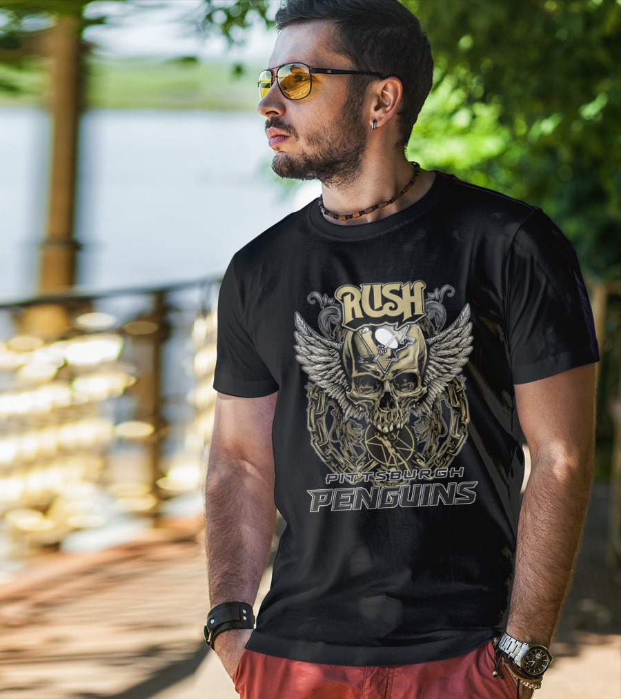 Rush Pittsburgh Penguins Skull Wings Hockey Chains T-Shirt
