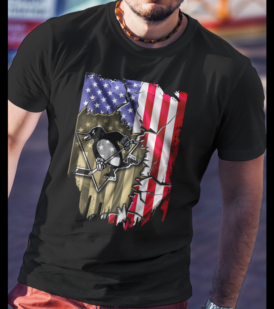 Pittsburgh Penguins American Flag Ripped Background T-Shirt