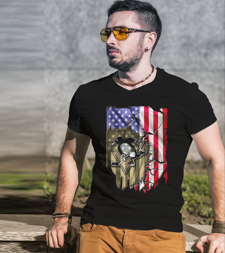 Pittsburgh Penguins American Flag Ripped Background T-Shirt