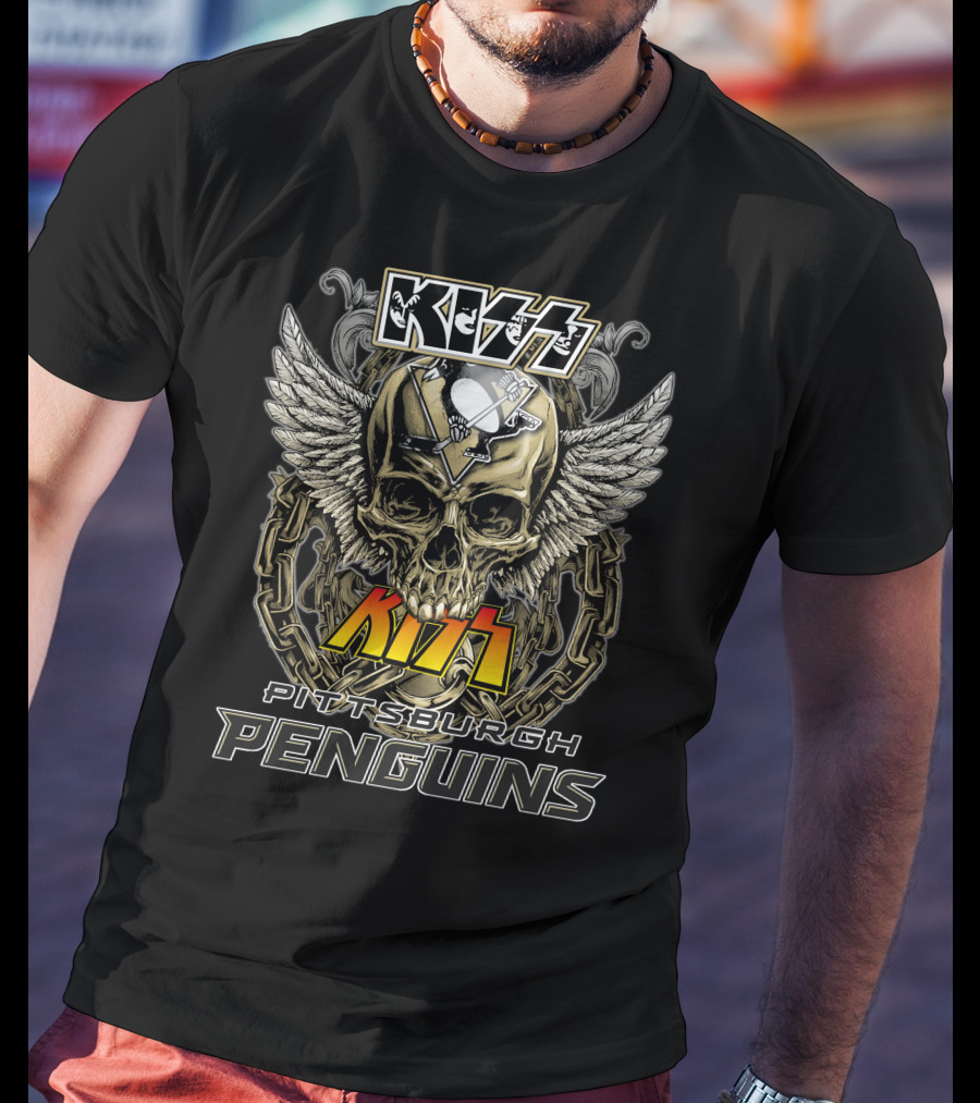 Kiss Pittsburgh Penguins Skull Wings Chains T-Shirt