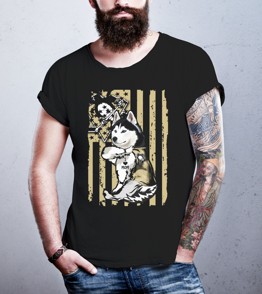 Siberian Husky I Love Mom Pittsburgh Penguins Hockey Star Flag T-Shirt
