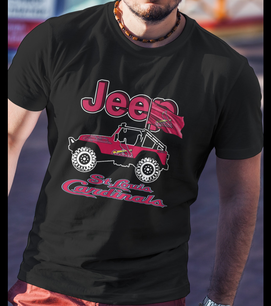 Jeep St. Louis Cardinals Logo With Red Off-Road Vehicle And Flag T-Shirt