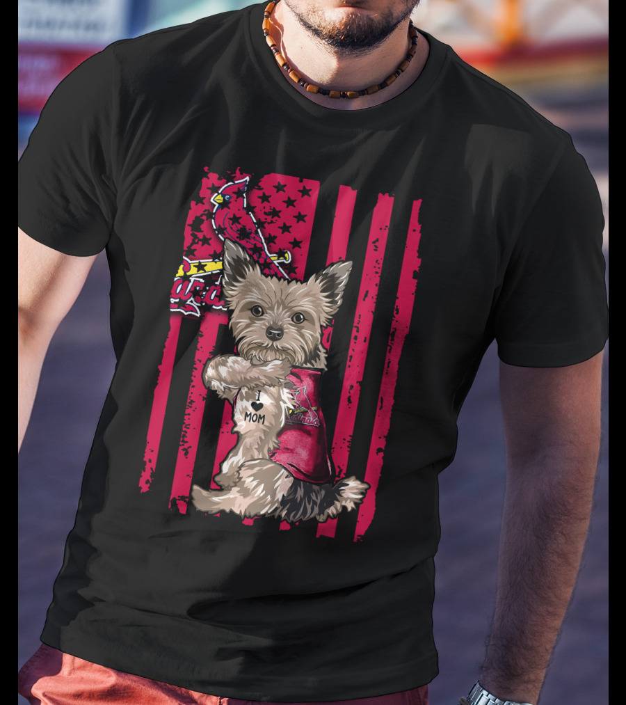 Yorkshire Terrier I Love Mom St. Louis Cardinals Usa Flag Stars Stripes T-Shirt