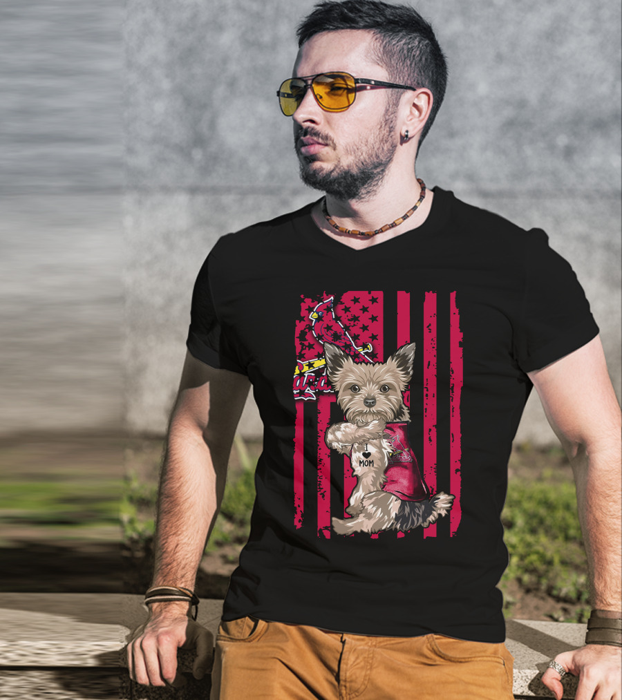 Yorkshire Terrier I Love Mom St. Louis Cardinals Usa Flag Stars Stripes T-Shirt