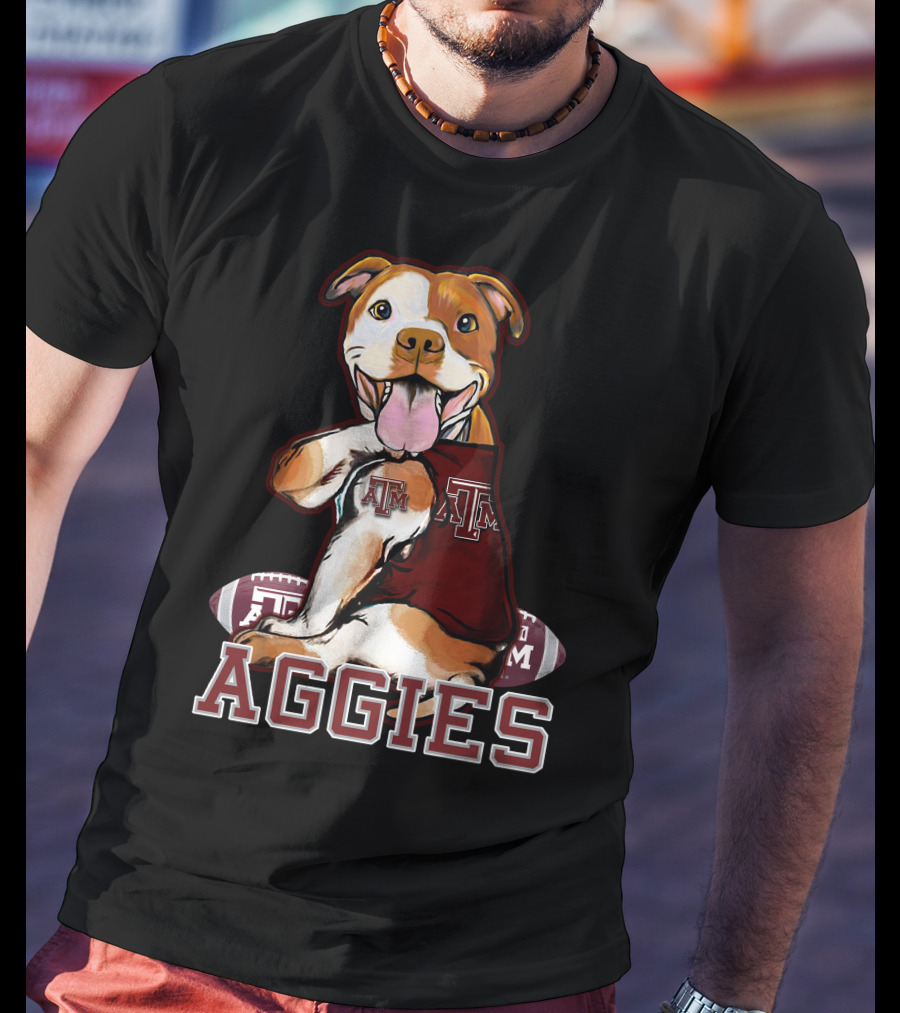 Pitbull Wearing Texas A&M Aggies Logo With Football T-Shirt
