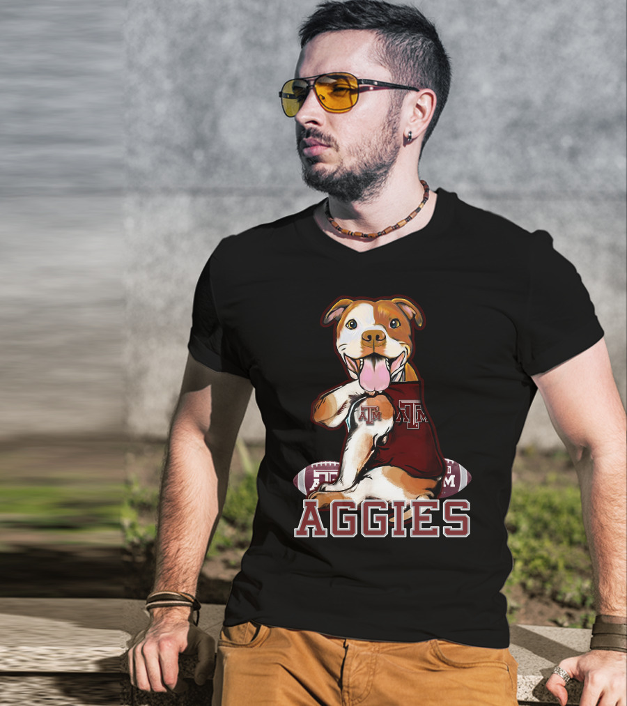 Pitbull Wearing Texas A&M Aggies Logo With Football T-Shirt
