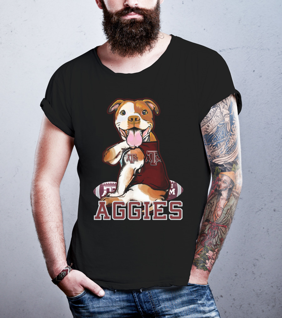 Pitbull Wearing Texas A&M Aggies Logo With Football T-Shirt