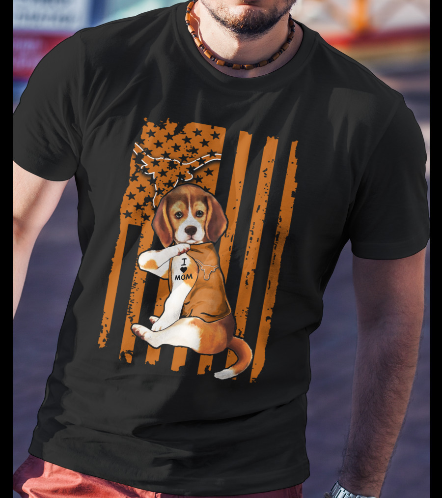 Beagle I Love Mom Texas Longhorns American Flag T-Shirt