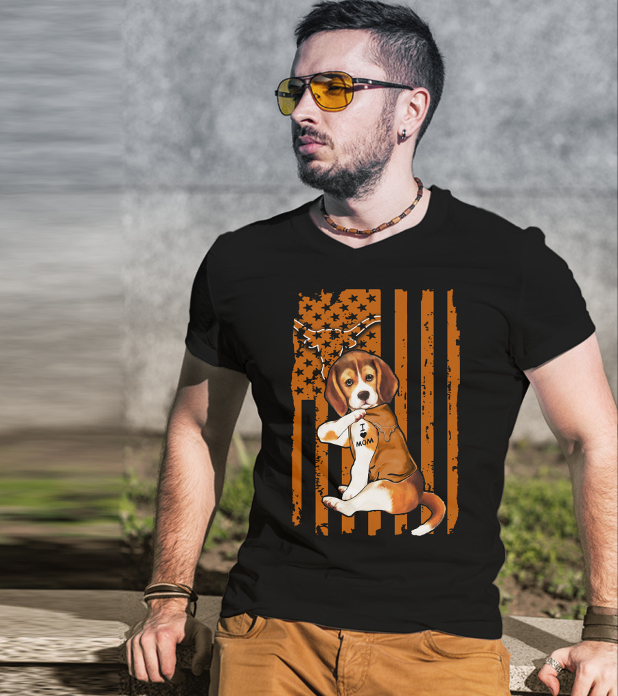 Beagle I Love Mom Texas Longhorns American Flag T-Shirt