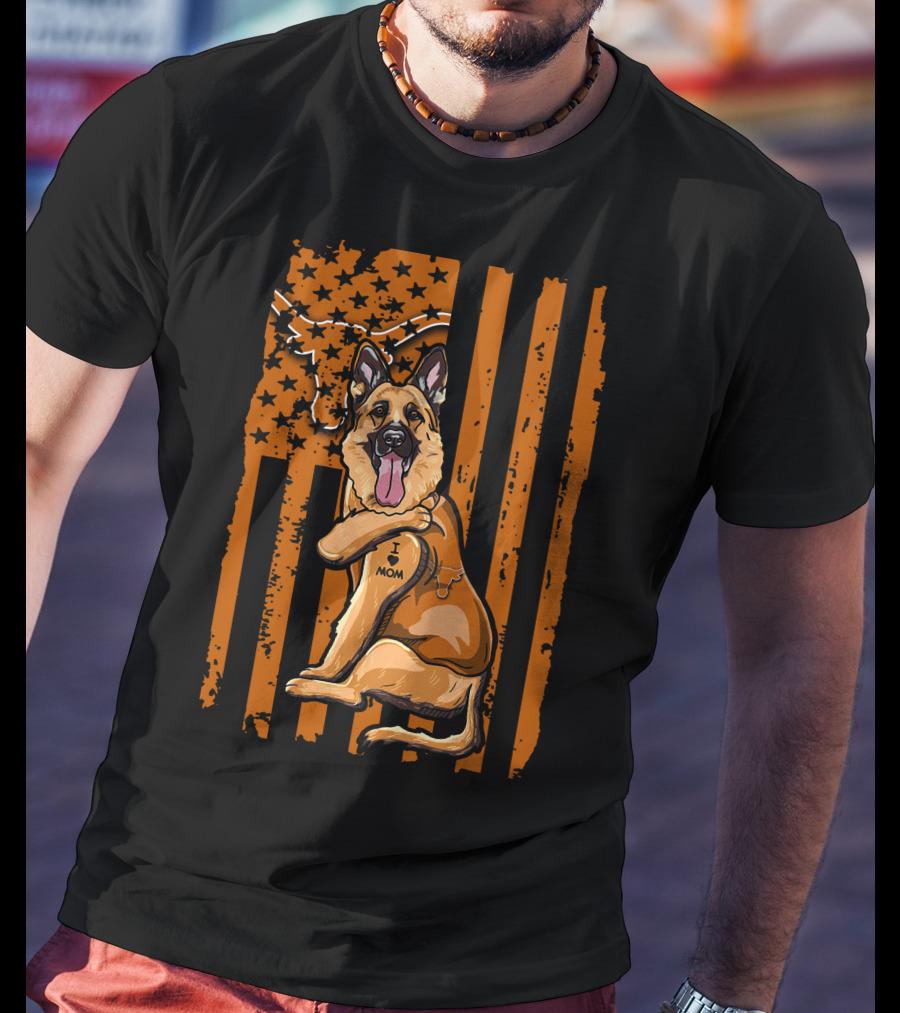 German Shepherd I Love Mom Texas Longhorns American Flag T-Shirt
