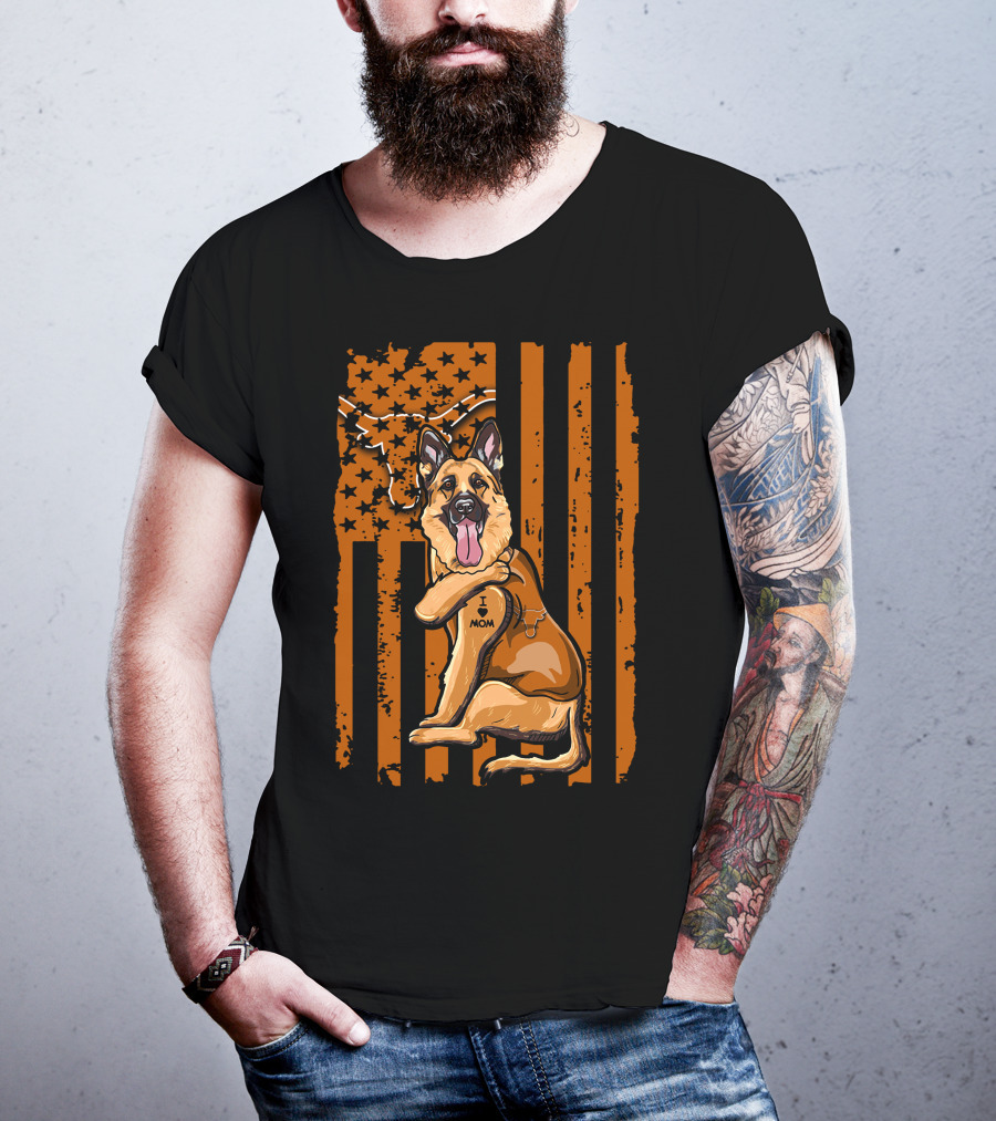 German Shepherd I Love Mom Texas Longhorns American Flag T-Shirt