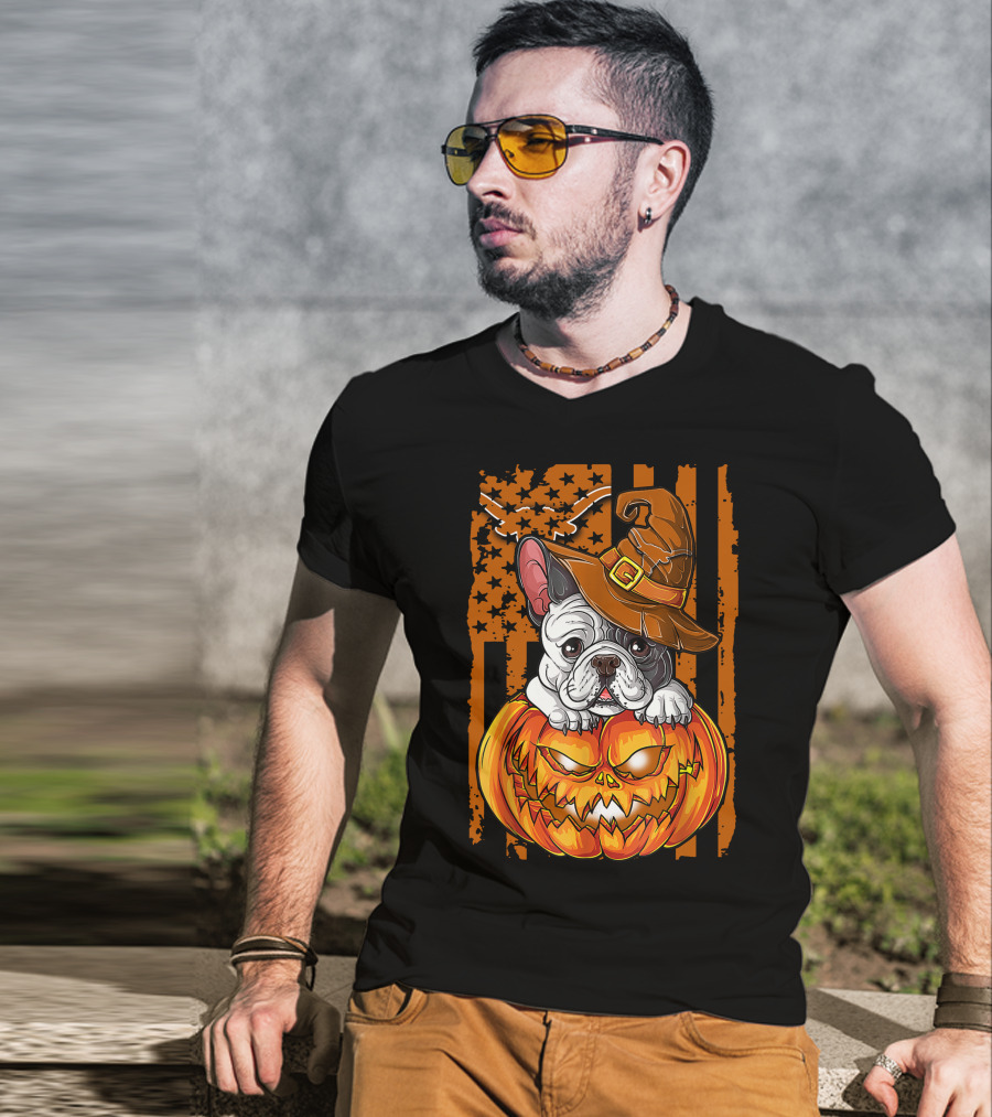 Hlw Bulldog Halloween Pumpkin Wizard Hat Stars Stripes T-Shirt