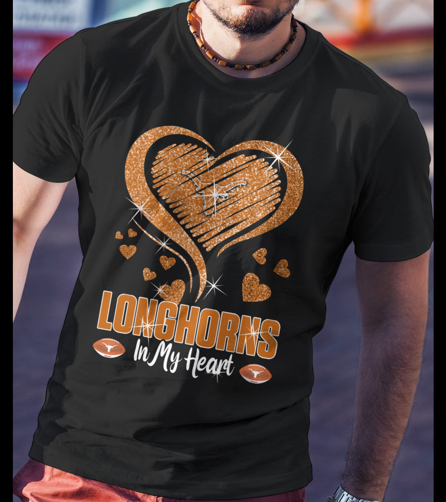 Longhorns In My Heart Glittering Orange With Football Icons T-Shirt