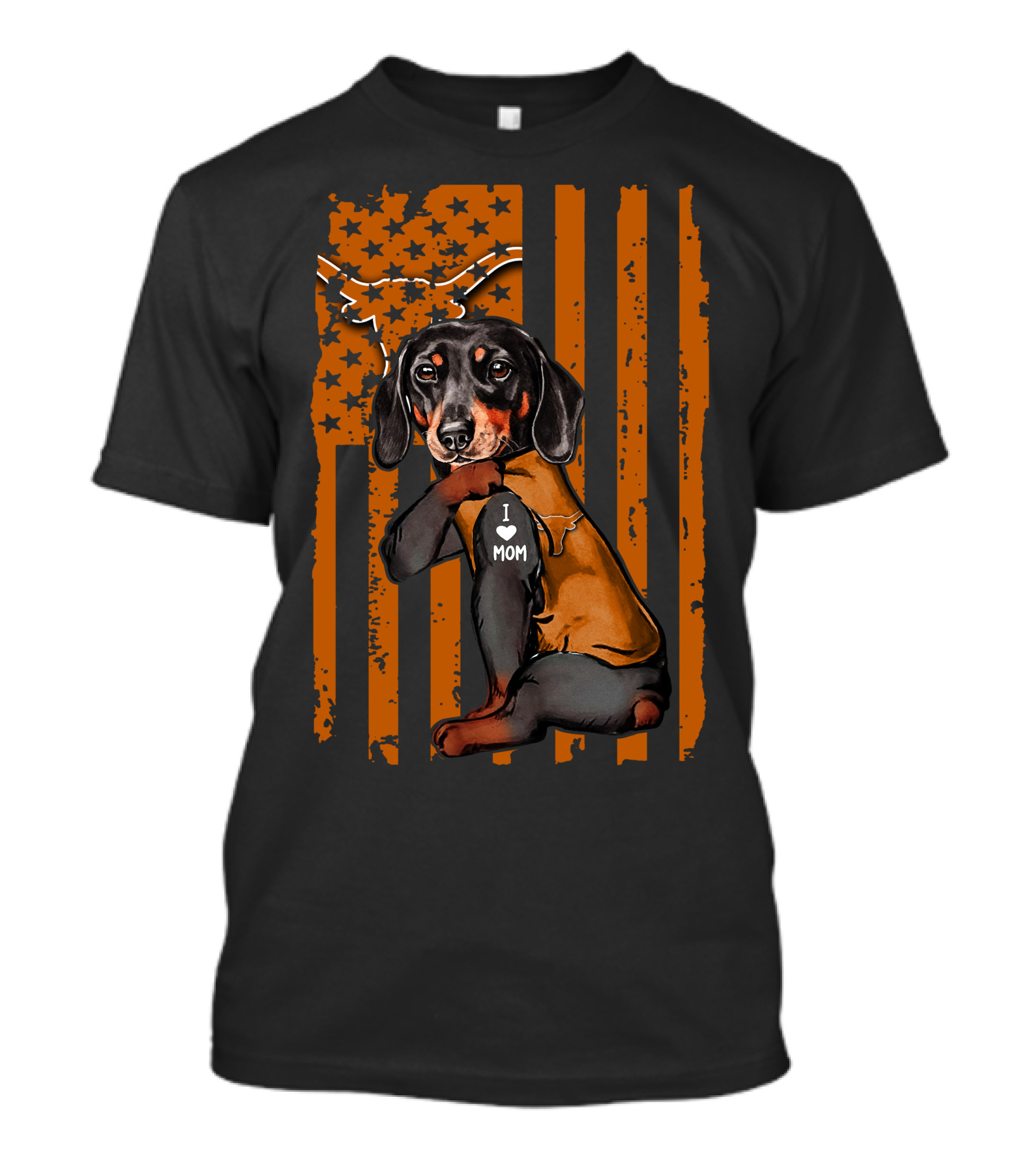 Dachshund I Love Mom Texas Longhorns American Flag Stars Stripes T-Shirt