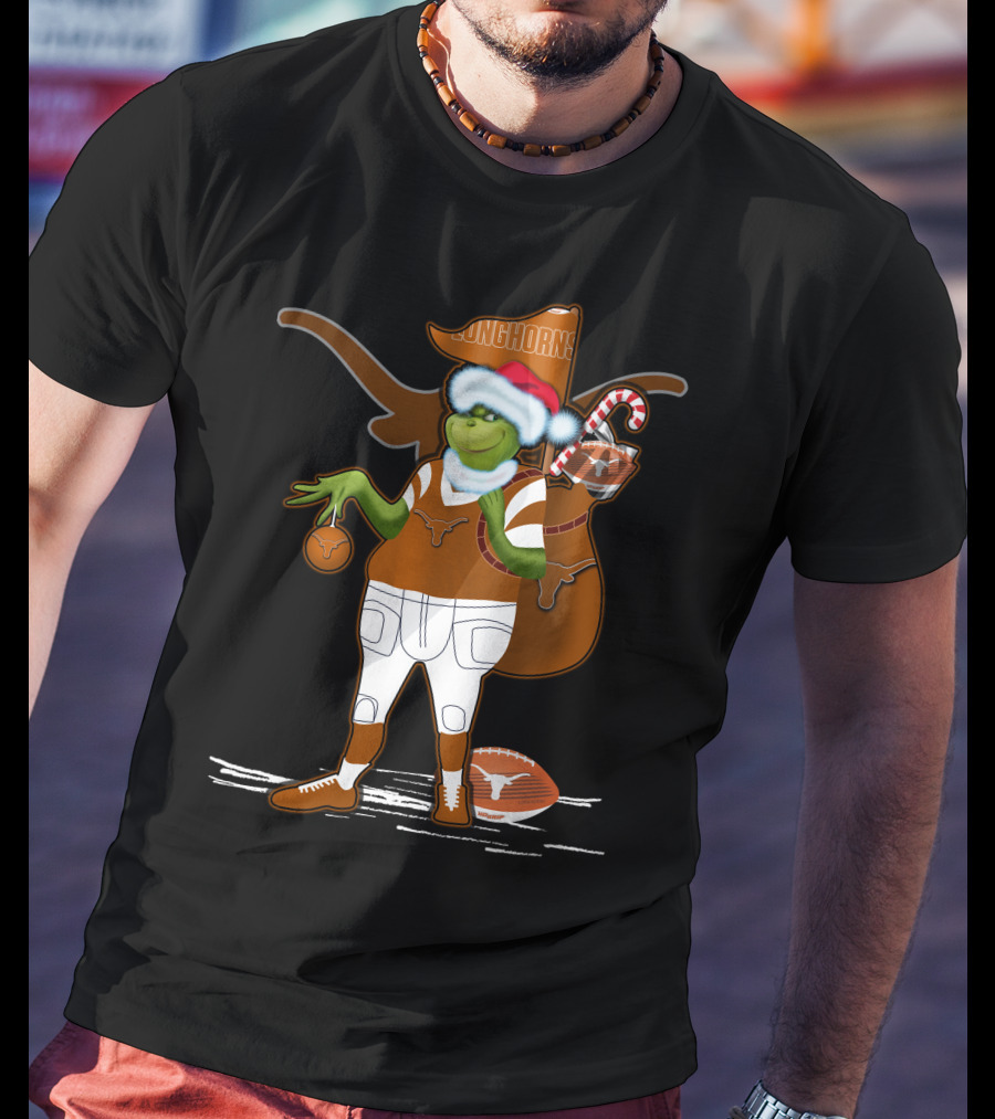 Grinchxmas Longhorns Santa Hat Football Candy Cane T-Shirt