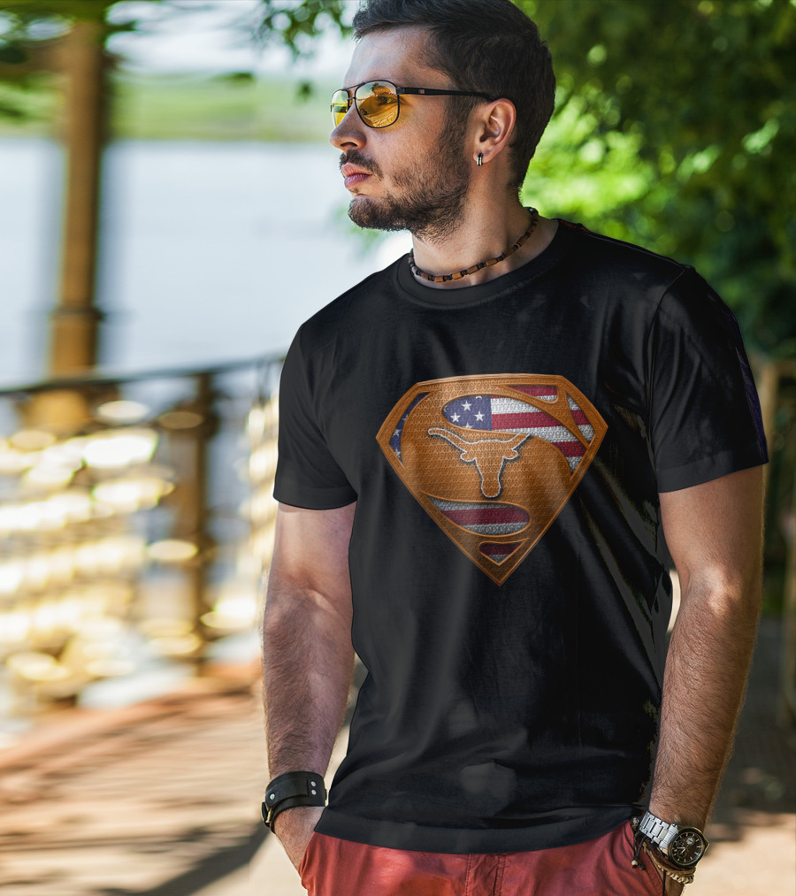 Texas Longhorns Superman Shield American Flag Spm T-Shirt