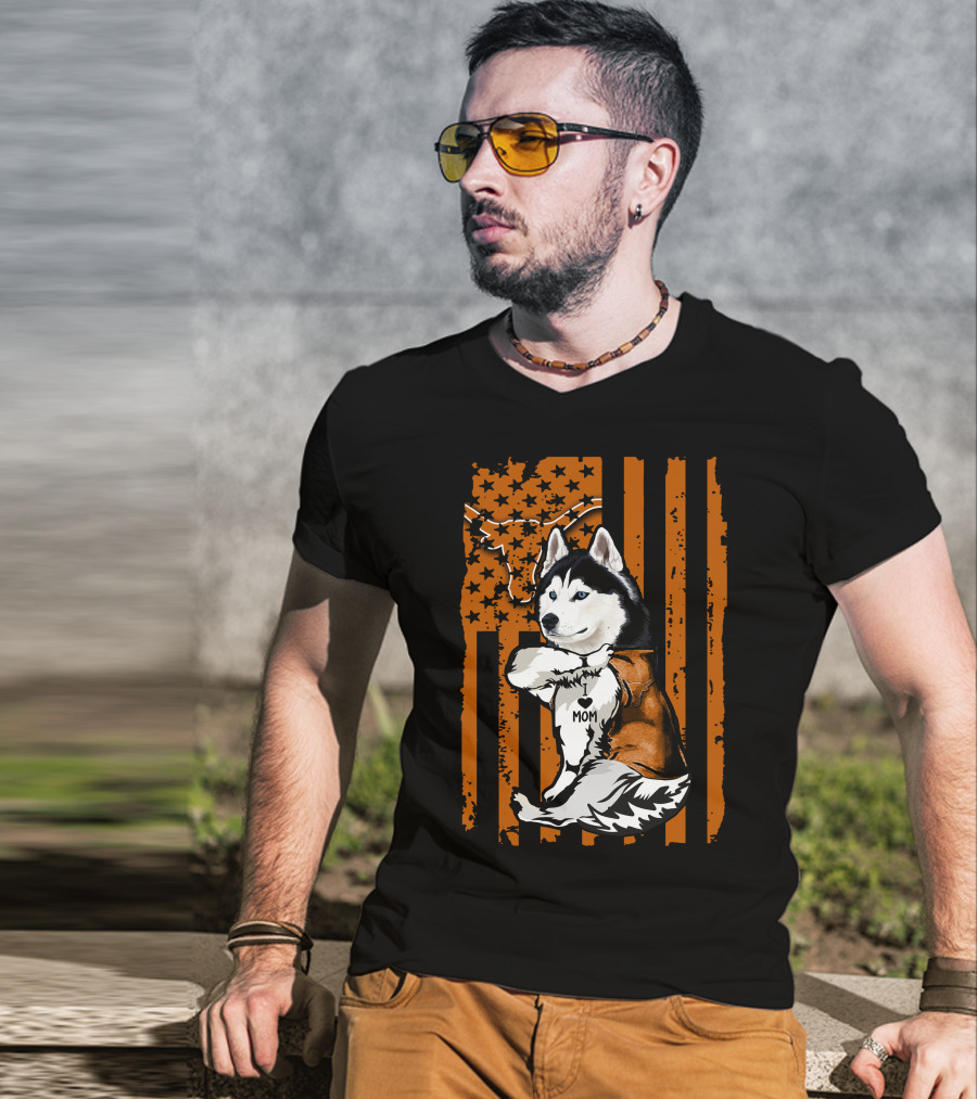 Siberian Husky Mom Texas Longhorns Flag Stars T-Shirt
