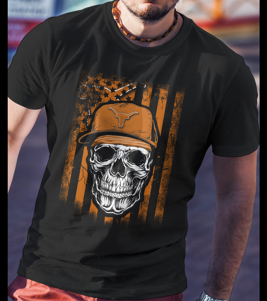 Skull Texas Longhorns Orange Hat Grunge Flag T-Shirt