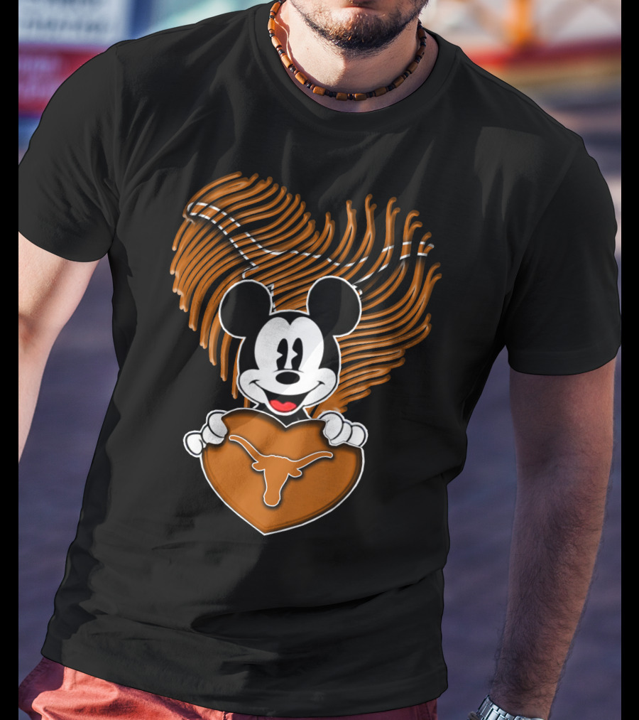 Mick Mouse And Texas Longhorns Heart T-Shirt