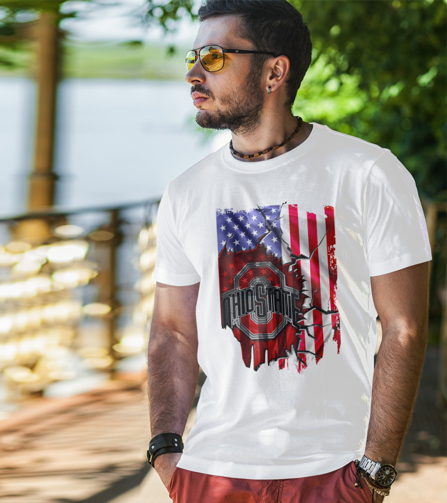 Ohio State Buckeyes Logo With Torn American Flag Background T-Shirt