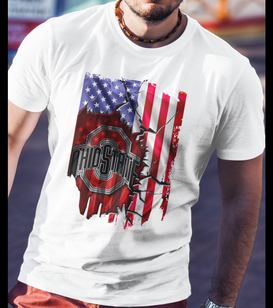 Ohio State Buckeyes Logo With Torn American Flag Background T-Shirt