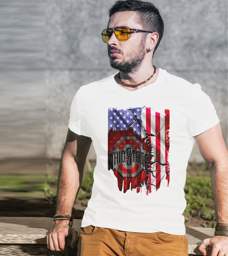 Ohio State Buckeyes Logo With Torn American Flag Background T-Shirt