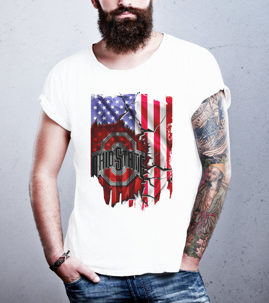 Ohio State Buckeyes Logo With Torn American Flag Background T-Shirt