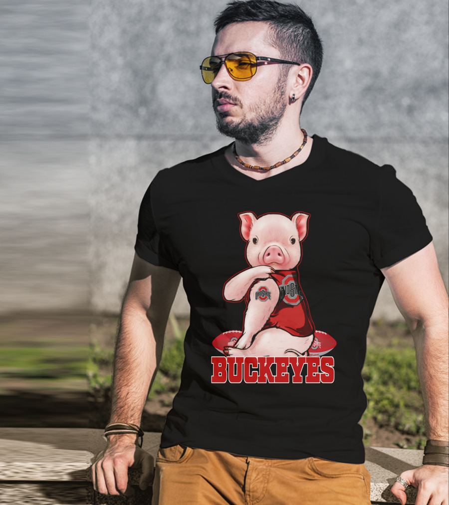 Pig Wearing Ohio State Buckeyes Gear With Footballs T-Shirt