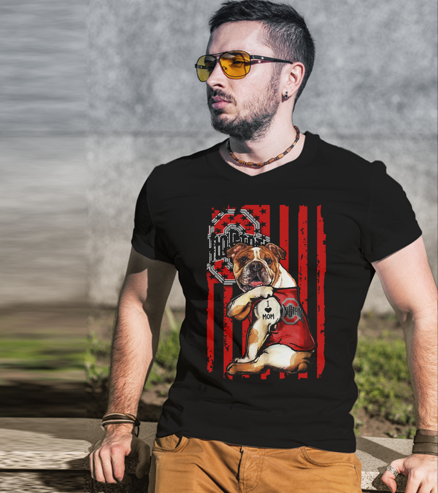 Bulldog I Love Mom Ohio State Buckeyes Vintage Red Stripes T-Shirt
