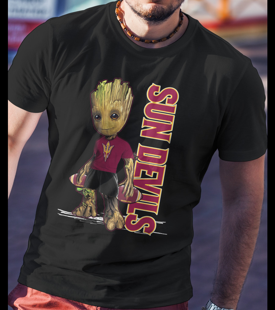 Groot Sun Devils Football Character In Maroon And Gold Team T-Shirt