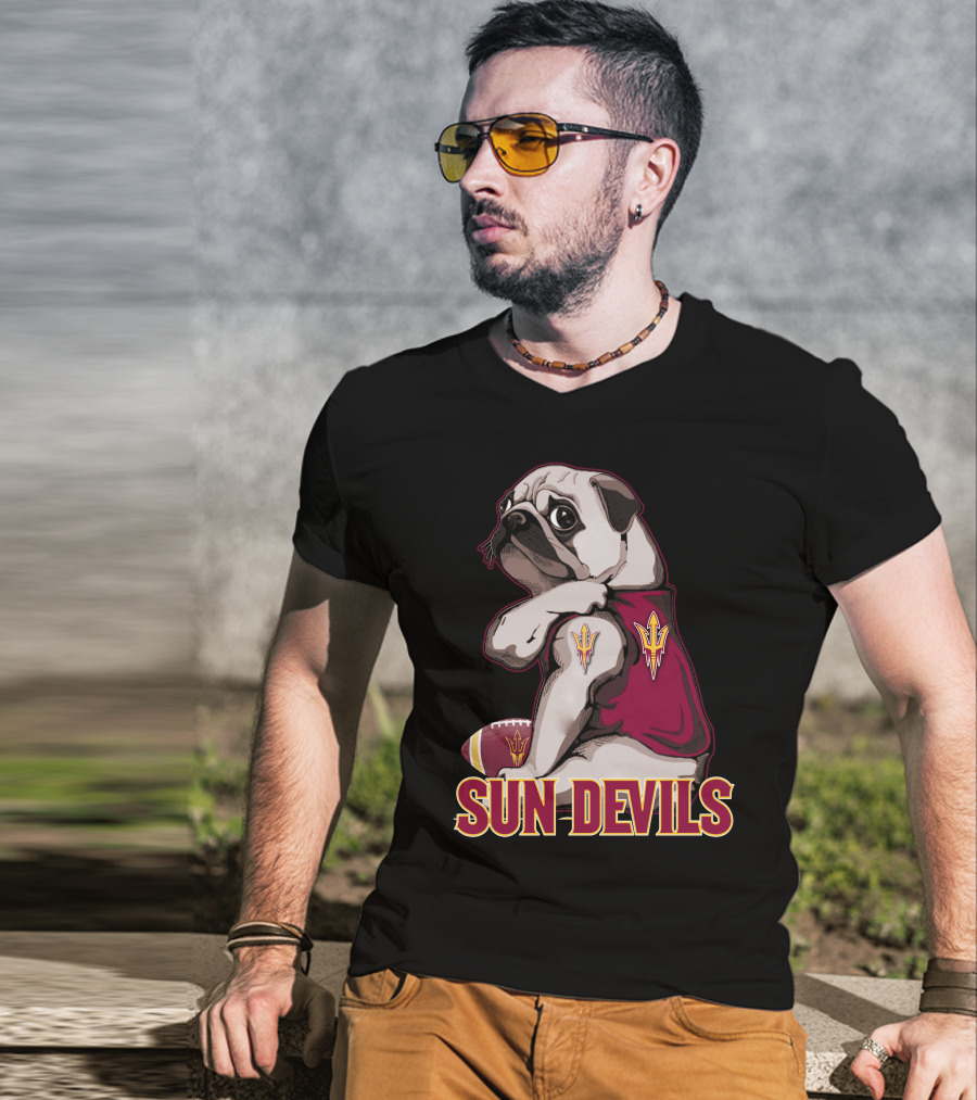 Pug With Trident In Sun Devils Football Mascot Theme T-Shirt