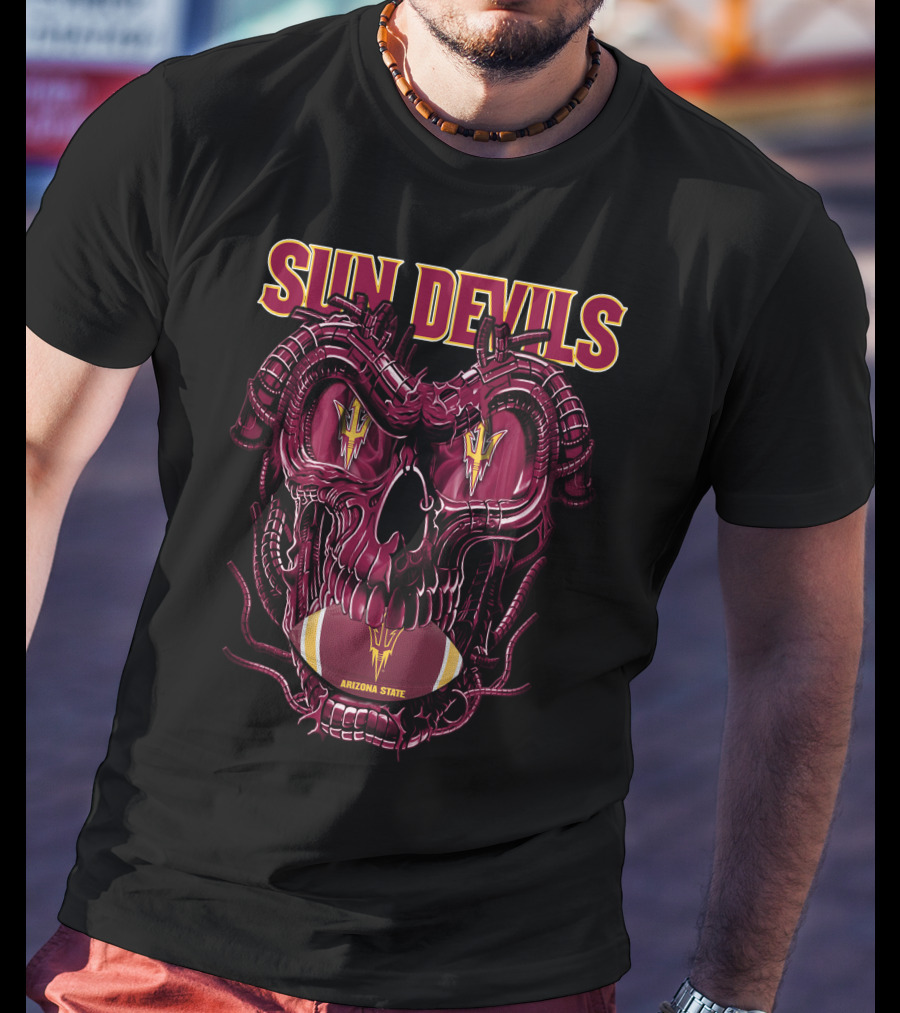 Arizona State Sun Devils Skull With Football Motif T-Shirt