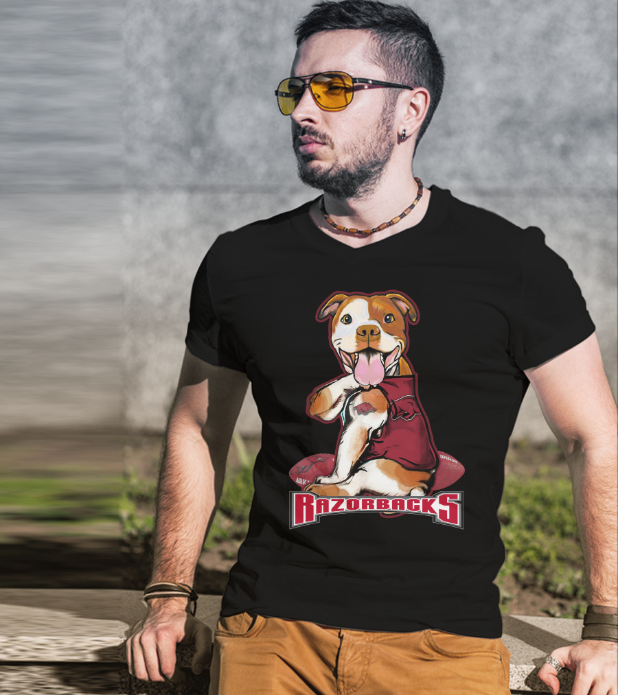 Razorbacks Pittbull Dog With Arkansas Football T-Shirt