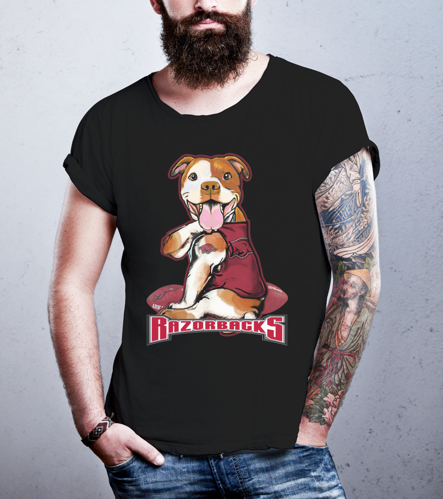 Razorbacks Pittbull Dog With Arkansas Football T-Shirt