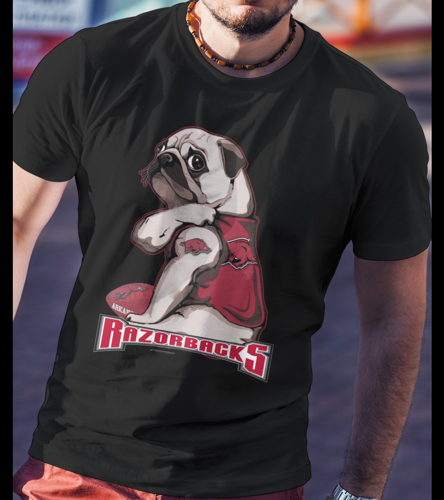 Pug Wearing Arkansas Razorbacks Football Gear T-Shirt