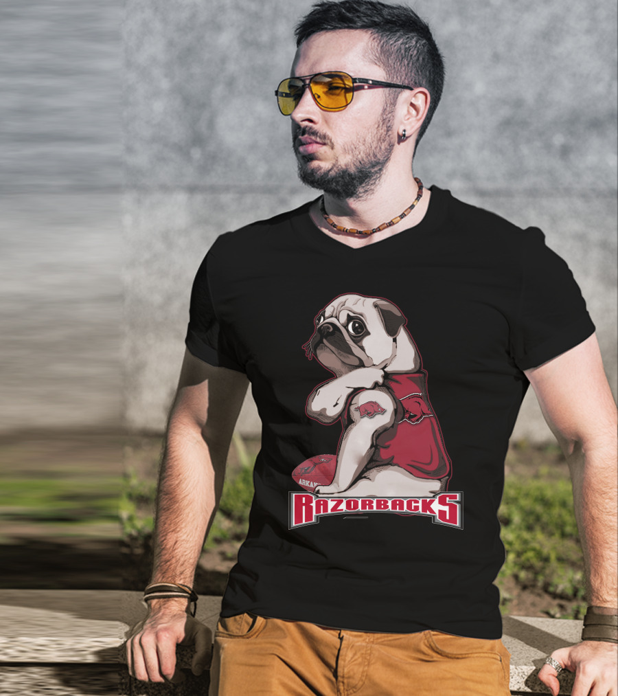 Pug Wearing Arkansas Razorbacks Football Gear T-Shirt