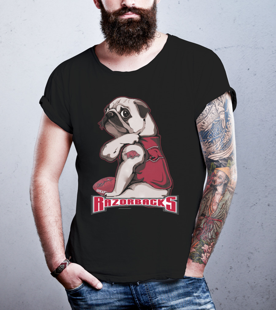 Pug Wearing Arkansas Razorbacks Football Gear T-Shirt