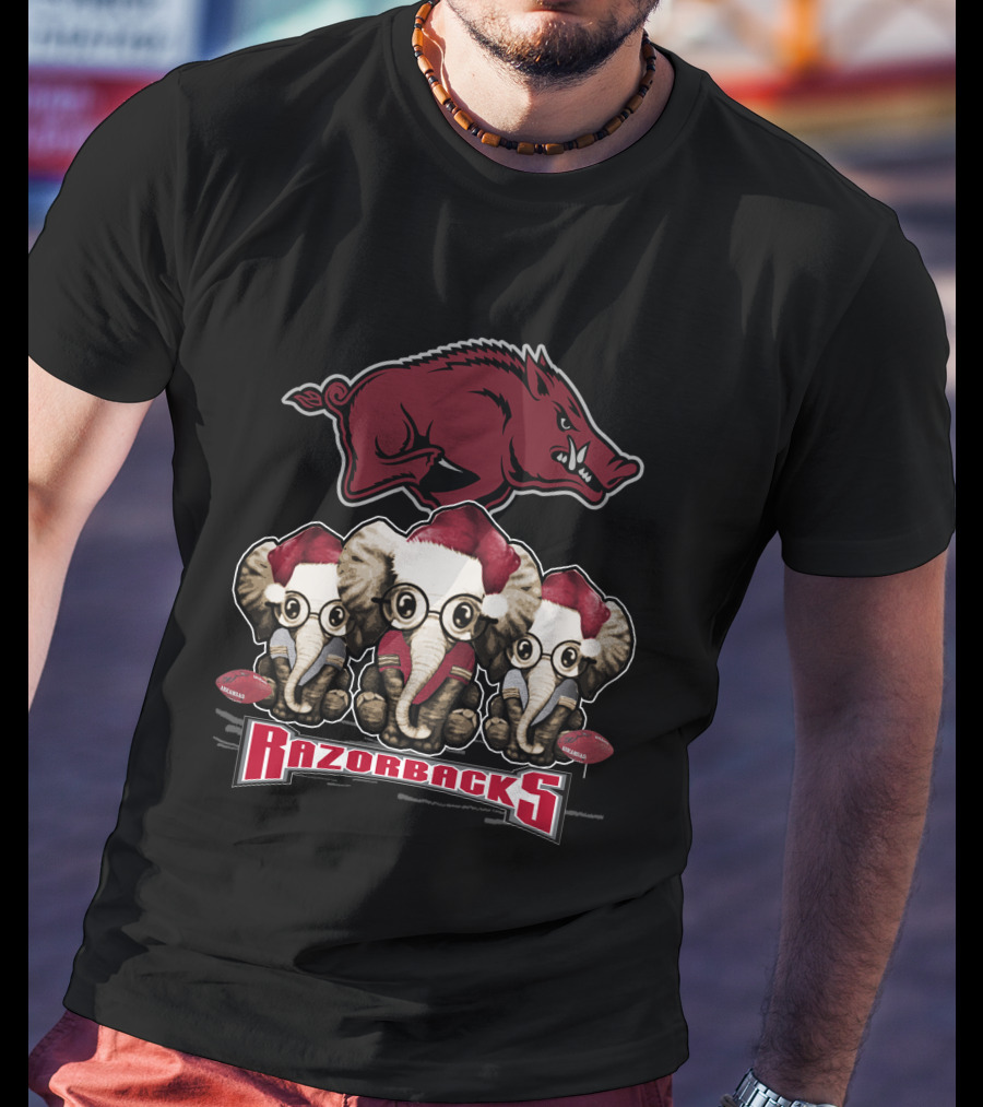 Razorbacks Elephan Xmas With Santa Hat Elephants And Arkansas T-Shirt