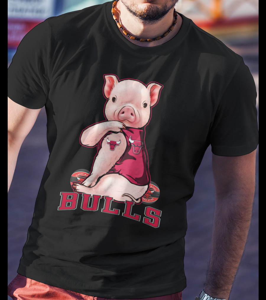 Pig With Chicago Bulls Logo On Jersey And Bulls Emblem T-Shirt