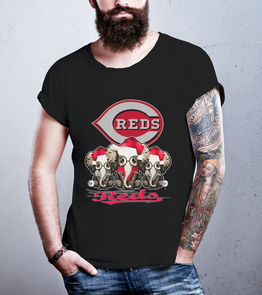 Cincinnati Reds Christmas Elephants In Santa Hats T-Shirt
